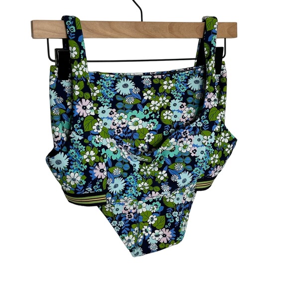 Aerie Bikini Set, Size Medium Navy Floral Scoop Neck High Waist - Picture 2 of 9